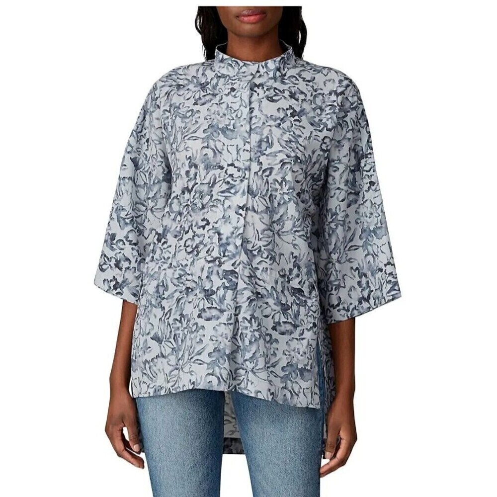 Victor Alfaro Blouse Top Collared Short Sleeve High low‎ Shirt Gray M Floral